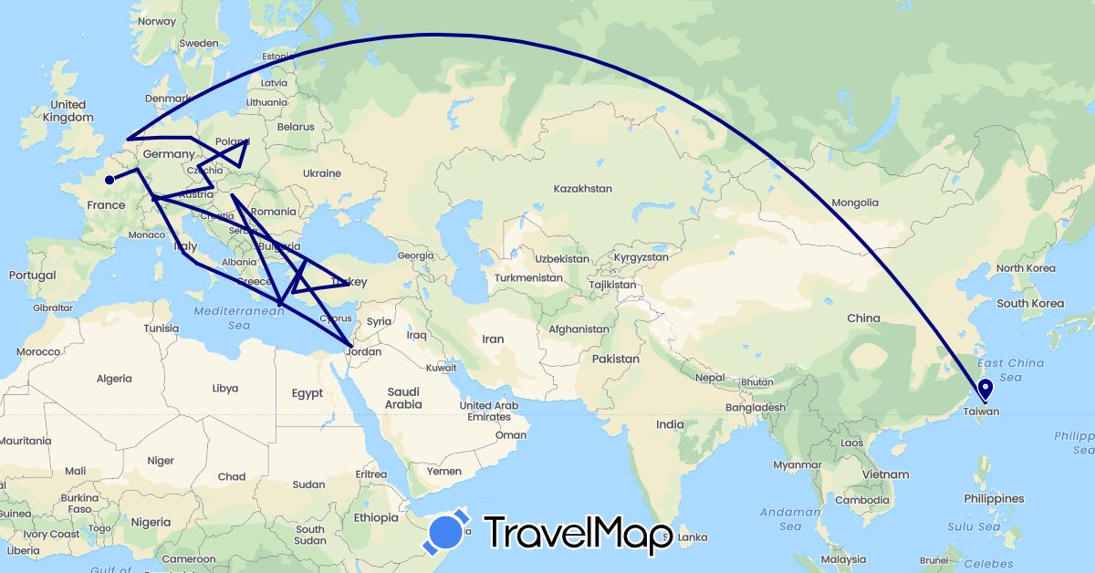 TravelMap itinerary: driving in Austria, Switzerland, Czech Republic, Germany, France, Greece, Hungary, Israel, Italy, Luxembourg, Netherlands, Poland, Turkey, Taiwan (Asia, Europe)